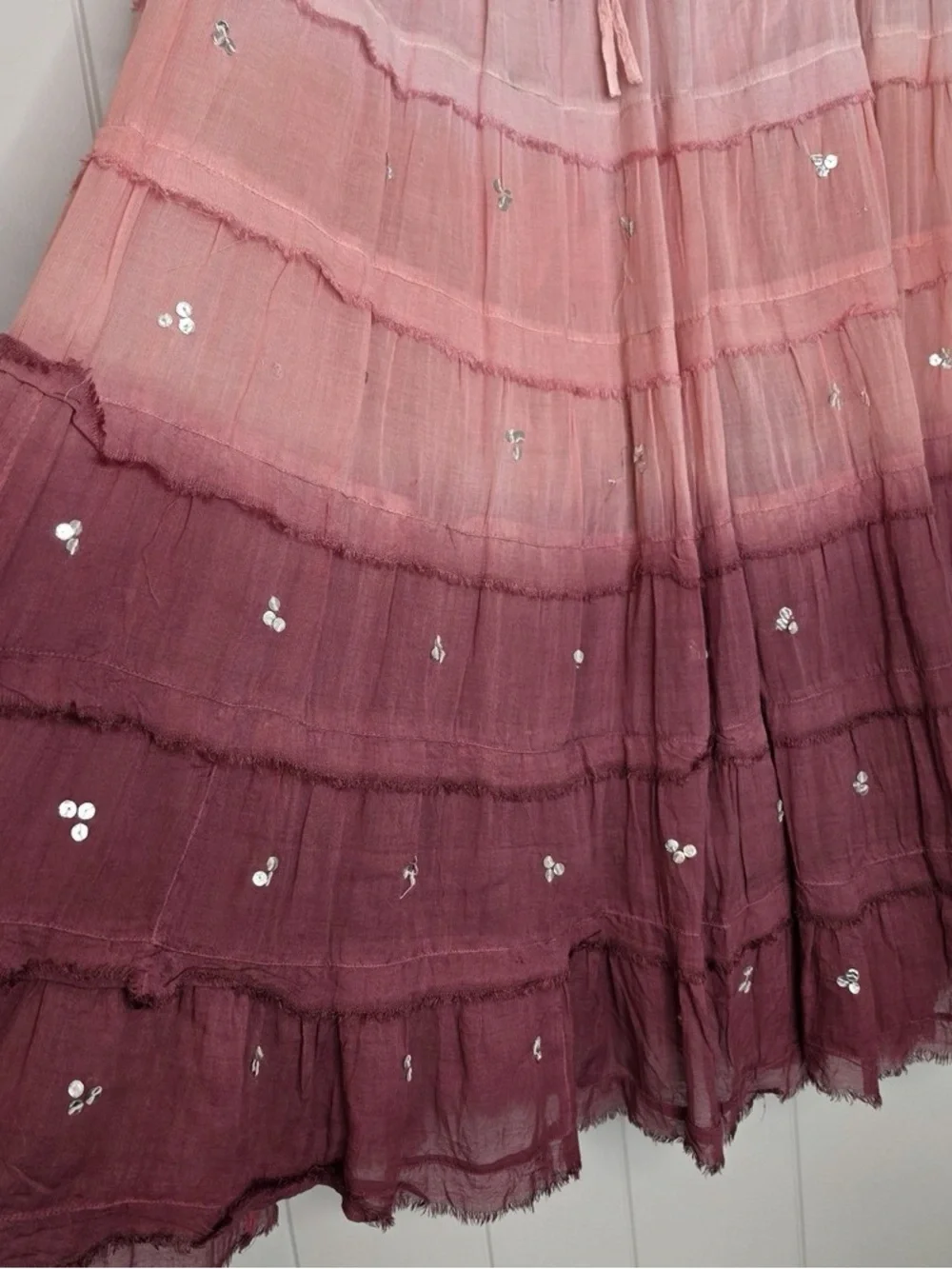 Boho Ombre Pink Tiered Sequin Maxi Skirt